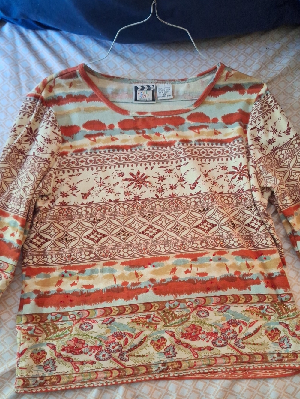 Take Two - Patterned Boho Long Sleeve Top in Coral, Cream & Aqua
